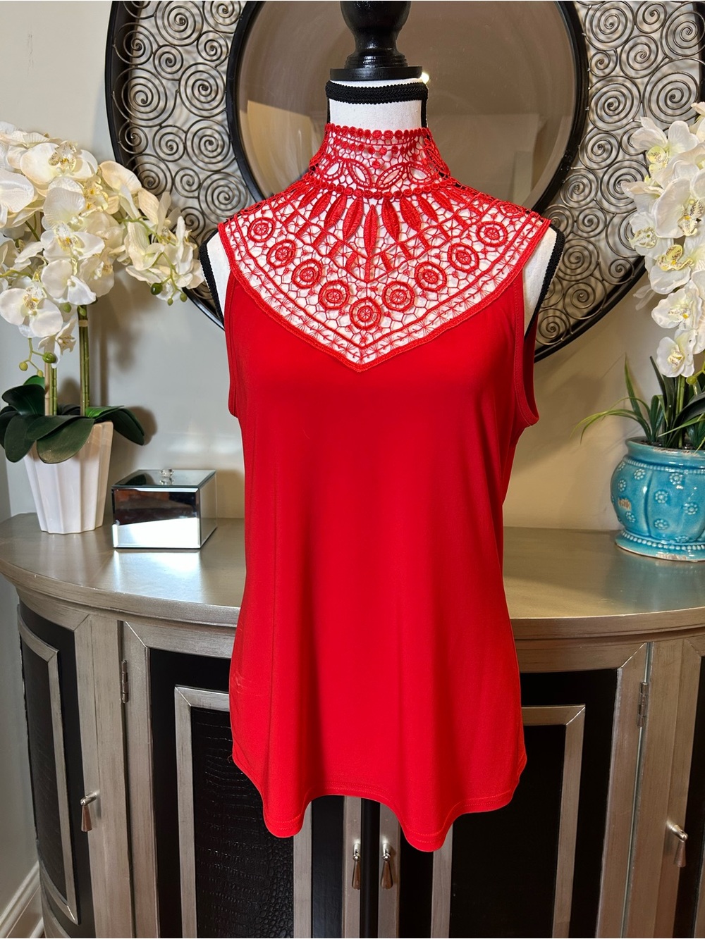 Joseph Ribkoff Sleeveless Red Lace-Trim High Neck Women's Top